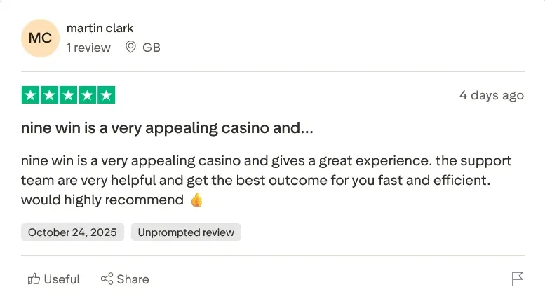 A 5-star review from martin clark, dated October 24, 2025, recommending Nine Win for its great experience and efficient support team.