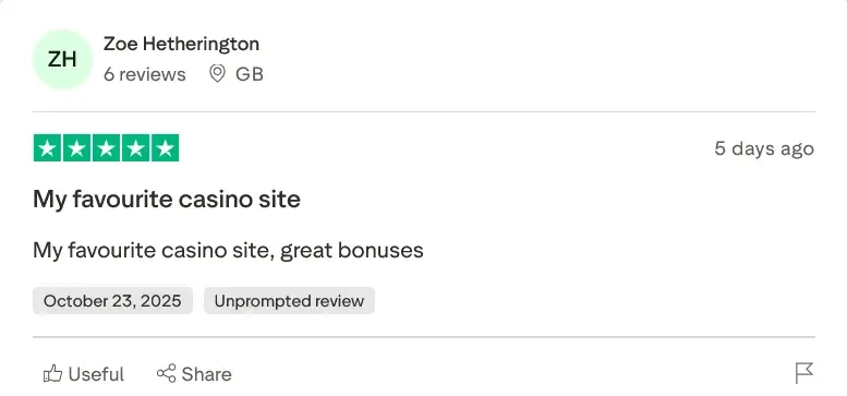 A 5-star review from Zoe Hetherington, dated October 23, 2025, stating: 'My favourite casino site, great bonuses.'