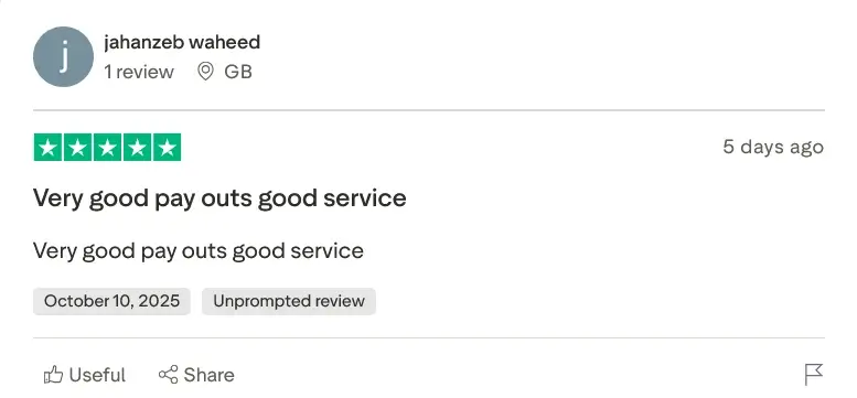 A 5-star review from jahanzeeb waheed, dated October 10, 2025, stating: 'Very good pay outs good service.'